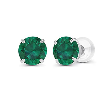 Solid 14K Yellow, White or Rose Gold 4mm Round Genuine Gemstone Birthstone Prong Set Stud Earrings For Women - color: Emerald Created