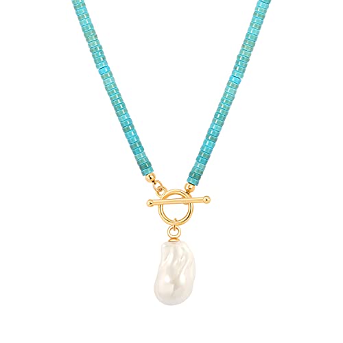 Aobei Pearl 18K Gold Plated Moon Star Lion Evil Eye Love Heart Cross Pendant Necklace Medallion Paperclip Chian Choker Layering Jewery for Women - color: Blue Clay Beads with Pearl
