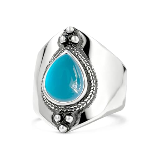 Natural Waterdrop Stone Wide Band Ring,Sterling Silver Genuine Teardrop Crystal Quartz Gemstone Statement Wide Chunky Full Finger Band Ring for Women - color: A02_Aquamarine