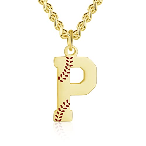 AIAINAGI Baseball Initial A-Z Letter Necklace - Men's Baseball Charm Pendant in Stainless Steel Silver Chain, 22inch Personalized Gift - style: P Letter