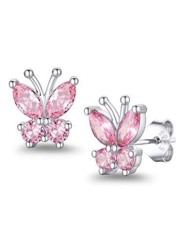 Suplight Butterfly Stud Earrings 925 Sterling Silver 14K Gold Brithstone Earrings for Women Brithstone Jewelry Gifts - color: 10.October ( Pink Tourmaline), size: Silver
