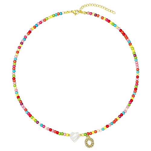 MJartoria Initial Necklaces for Women, Colorful Beaded Necklace, Shell Beach Necklace Letter Choker Handmade Jewelry Gifts - style: O