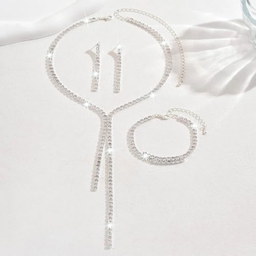 Silver Bridal Wedding Jewelry Sets Rhinestone Necklace Earrings Bracelet Set Prom Formal Costume Jewelry Sets for Women and Brides - color: Silver
