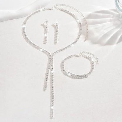Silver Bridal Wedding Jewelry Sets Rhinestone Necklace Earrings Bracelet Set Prom Formal Costume Jewelry Sets for Women and Brides - color: Silver