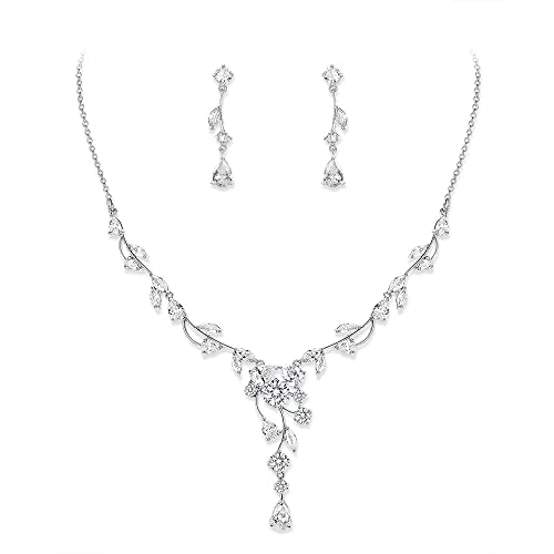 Crysdue Women's Wedding Bridal Jewelry Set for Brides Bridesmaids Cubic Zirconia Flower Leaf Vine Necklace Dangle Earrings for Prom Party - style: 36-silver