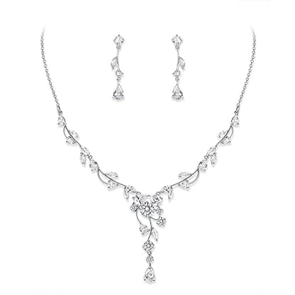 Crysdue Women's Wedding Bridal Jewelry Set for Brides Bridesmaids Cubic Zirconia Flower Leaf Vine Necklace Dangle Earrings for Prom Party - style: 36-silver
