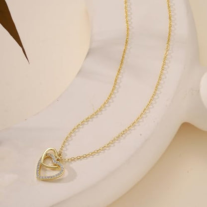 Gold Necklace for Women, 14K Gold Plated Cubic Zirconia Pendant Necklace, Dainty Heart Moon Circle Paperclip Jewelry for Layering, Everyday Birthday Gift - color: Gold Interlocking Heart