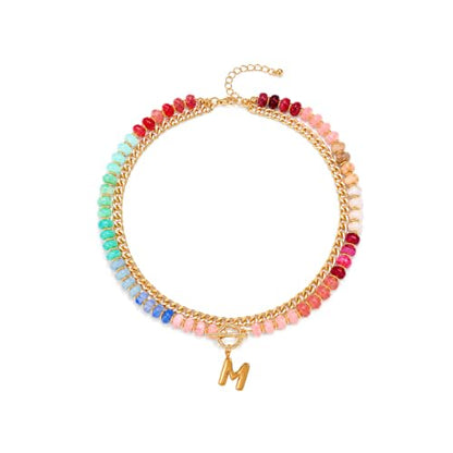 Colorful Beaded Bubble Letter Necklace For Women, Boho Double Layer Dopamine Rainbow Resin Beads Thick Cuban Chain Chunky With Initials Pendant Necklaces Summer Beach Jewelry Gift ﻿ - color: Dop M