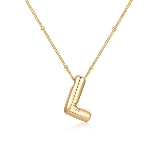 Gold Bubble Initial Necklace for Women Balloon Letter Necklace 18K Gold Plated Dainty Alphabet Pendant Puffy Name Personal Necklace - color: L