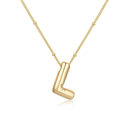 Gold Bubble Initial Necklace for Women Balloon Letter Necklace 18K Gold Plated Dainty Alphabet Pendant Puffy Name Personal Necklace - color: L