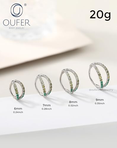 OUFER Double Hoop Nose Ring, 20G Nose Piercing Surgical Steel Nose Rings for Women, Elegant Nose Rings Hoops Perfect for Daily Nostril Piercing Jewelry - color: Silver+Green CZ