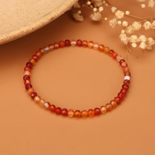 Natural Faceted Crystal Bracelet for Women,4mm Gemstone Round Beads Bracelets Adjustable Stretchy Healing Crystal Beads Bracelets Dainty Jewelry Gift - color: Carnelian