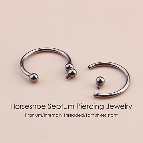 MILACOLATO 2Pcs Implant Grade Titanium Septum Rings for Women Men 16G | G23 Solid Titanium Internally Threaded Horseshoe Circular Barbell Piercing Jewelry for Nose Lip Tragus Eyebrow Helix Daith - color: 2pcs-black&steel-16g/10mm