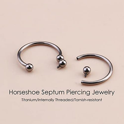 MILACOLATO 2Pcs Implant Grade Titanium Septum Rings for Women Men 16G | G23 Solid Titanium Internally Threaded Horseshoe Circular Barbell Piercing Jewelry for Nose Lip Tragus Eyebrow Helix Daith - color: 2pcs-black&steel-16g/10mm