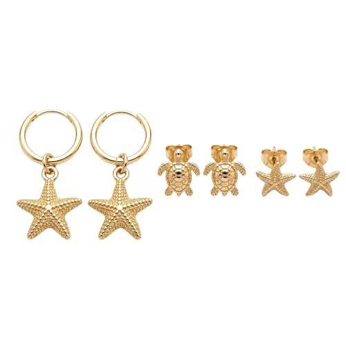 3 Pairs Small Hoop Earring Stacks, 14K Gold Plated Dangle Earrings for Multiple Piercing Cartilage, Dainty Gold Stud Hoop Gifts for Women Valentine's Christmas Holiday Daily Wear - color: Starfish