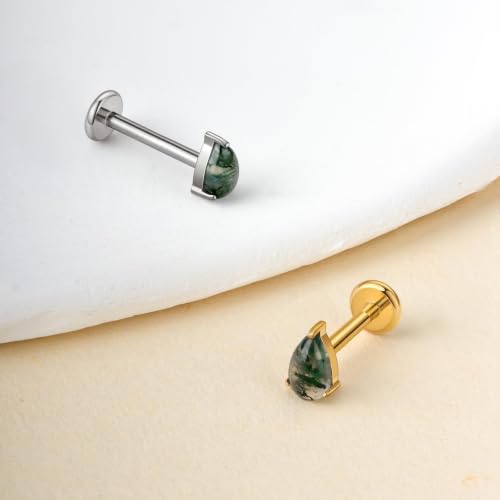 1PC ASTM F136 Titanium Push Pin Moss Agate Stone Flat Back Earrings 16G 8mm for Helix Conch Tragus - color: Waterdrop-Tit