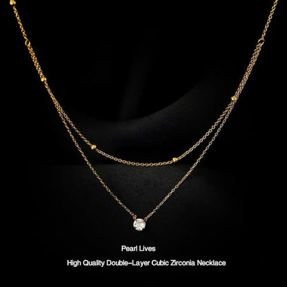Double-Layer Cubic Zirconia Pendant Necklace For Women 18K Gold Plated Cubic Zirconia Necklaces Layered Wearing Gold Chains Dainty Chokers