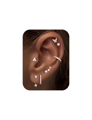 M MOOHAM Hypoallergenic Earring Jacket Stacks - 7 Pairs 14K Gold Plated Flat Back Earrings Dainty Huggie Hoop Cartilage Helix Earring Jacket, Fashion Accessories Western Jewelry Gifts - color: 14K Gold Plated