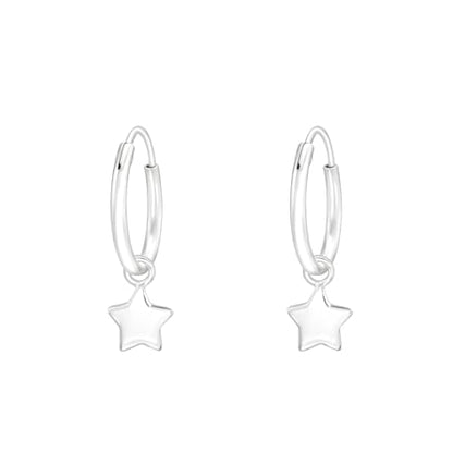 925 Sterling Silver Dangling Star 12mm Hoop Earrings, Sold as a Pair