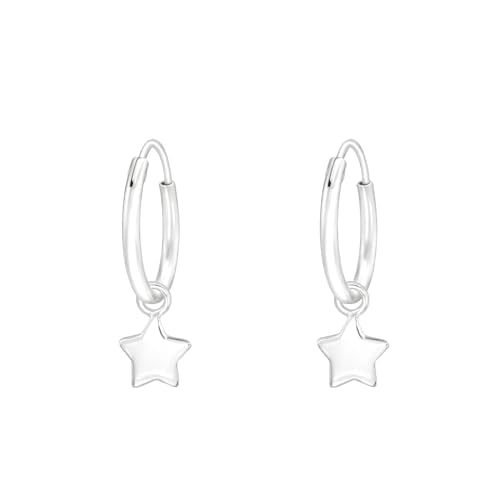 925 Sterling Silver Dangling Star 12mm Hoop Earrings, Sold as a Pair