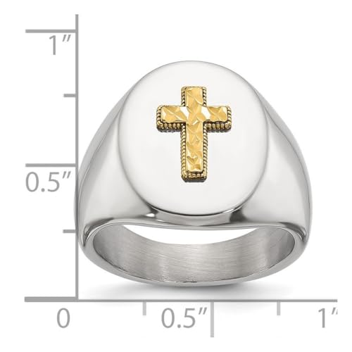 JewelryWeb 9mm Stainless Steel Polished With 14k Accent Sparkle-Cut Religious Faith Cross Oval Signet Ring Size 9 Ring for Women