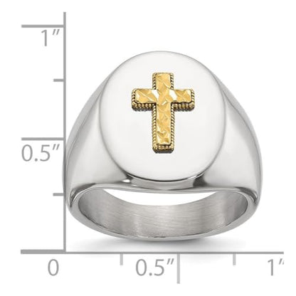 JewelryWeb 9mm Stainless Steel Polished With 14k Accent Sparkle-Cut Religious Faith Cross Oval Signet Ring Size 9 Ring for Women