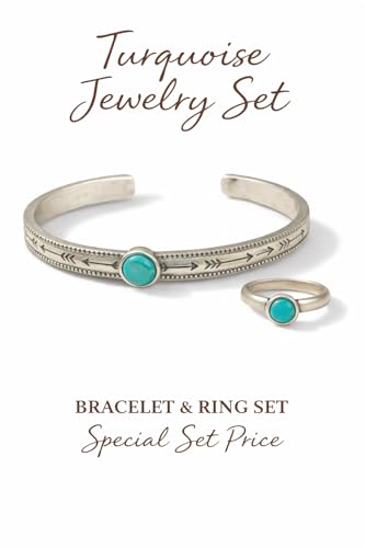 Isac Turquoise Jewelry Set, Silver Cuff Bracelet and Ring, Arrow Engraved, Boho Western Style