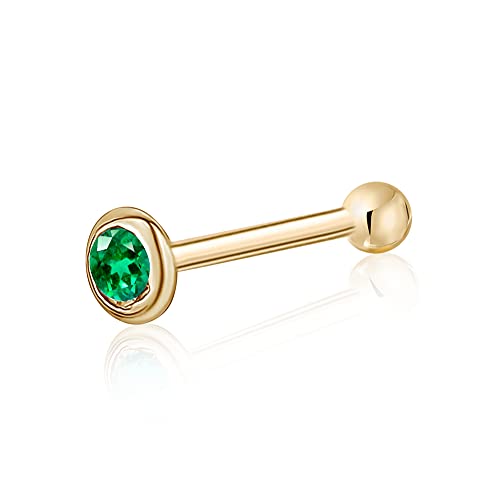 Massete 18k 14k Gold Nose Ring - 20g Nose Stud, Hypoallergenic Threadless Piercings for Women Men, Yellow White Rose Real Gold Standard or Long Nose Rings Studs, CZ or Ball Nose Piercing Jewelry - color: Simulated Emerald - 14k Yellow Gold, size: Standard