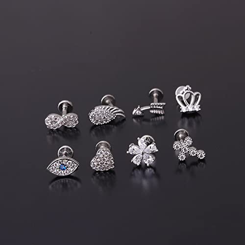 Cross Evil Eye Flower Love Heart CZ 16g Labret Cartilage Tragus Monroe Lip Nose Helix Studs Earrings Stainless Steel Cubic Zirconia Small Tiny Little Piercings Jewelry Gifts for Women Her Birthday Bff - style: silver