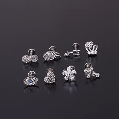 Cross Evil Eye Flower Love Heart CZ 16g Labret Cartilage Tragus Monroe Lip Nose Helix Studs Earrings Stainless Steel Cubic Zirconia Small Tiny Little Piercings Jewelry Gifts for Women Her Birthday Bff - style: silver