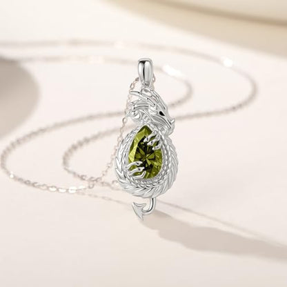 Dragon Necklace Sterling Silver Wyvern Pendant Jewelry with Teardrop Birthstone Gifs for Women - style: Dragon necklace-Peridot stone