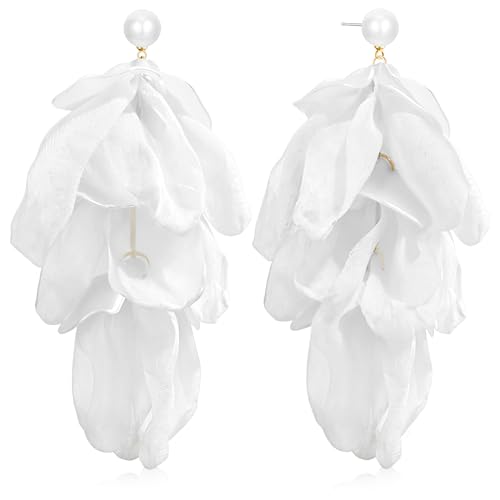 Handmade Bohemian Lightweight Fabric Flower Dangle Drop Earrings Chic Pearl Large Tassel Petal Stud Earrings For Women - color: Pearl White