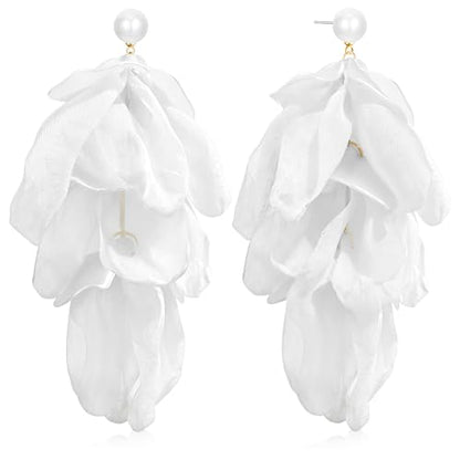 Handmade Bohemian Lightweight Fabric Flower Dangle Drop Earrings Chic Pearl Large Tassel Petal Stud Earrings For Women - color: Pearl White