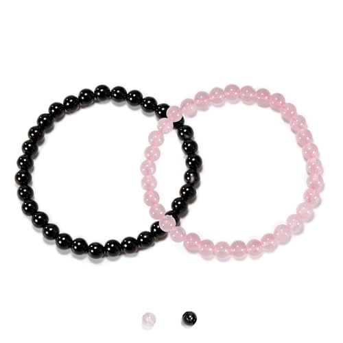 2PCS Agate Bracelet for Women Men Natural Round Beaded Agates Stone Healing Stretch Bracelets Elastic Handmade Polished Gemstone Beads Bracelet - color: Black+Pink Quartz, size: 6mm Beads