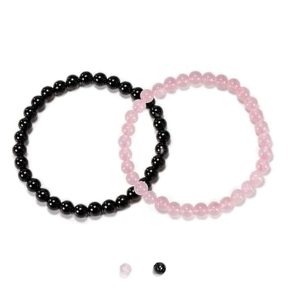 2PCS Agate Bracelet for Women Men Natural Round Beaded Agates Stone Healing Stretch Bracelets Elastic Handmade Polished Gemstone Beads Bracelet - color: Black+Pink Quartz, size: 6mm Beads