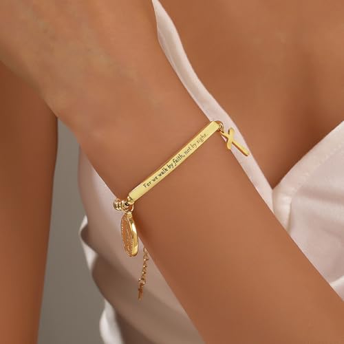 DS Inspirational Bracelet for Women Christian Engraved Bibler Verse Cross Butterfly Daisies Charm Bracelet, Exquisite Stainless Steel Jewelry Daughter Best Friend Bestie - style: For we walk by faith, not by sight.-Gold