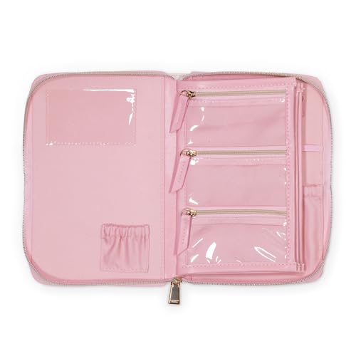 kate spade new york Travel Jewelry Folio, Goddess Stripe | 8.5" x 6" Organizer with Zippered Pockets, Tabs & Tracker Pocket, Pink Leatherette Case for Earrings, Necklaces, & Bracelets