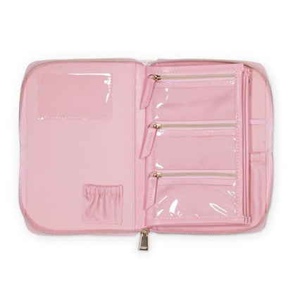 kate spade new york Travel Jewelry Folio, Goddess Stripe | 8.5" x 6" Organizer with Zippered Pockets, Tabs & Tracker Pocket, Pink Leatherette Case for Earrings, Necklaces, & Bracelets