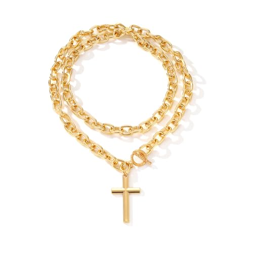 Chunky Gold Cross Necklace for Women Layered Necklace Retro Big Gold Cross Pendant Necklace Statement Chunky Chain Choker Necklaces Thick OT Buckle Chain Long Necklace Jewelry - style: Style1-gold