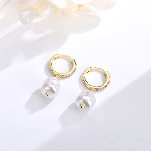 CERSLIMO Pearl Drop Earrings for Women | S925 Sterling Silver Post Simulated Shell Pearl Hoop Dangle Earrings, Hypoallergenic Cubic Zirconia Huggies Earrings Bridesmaid Jewelry - style: 03 Gold-Baroque