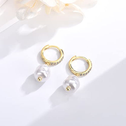 CERSLIMO Pearl Drop Earrings for Women | S925 Sterling Silver Post Simulated Shell Pearl Hoop Dangle Earrings, Hypoallergenic Cubic Zirconia Huggies Earrings Bridesmaid Jewelry - style: 03 Gold-Baroque
