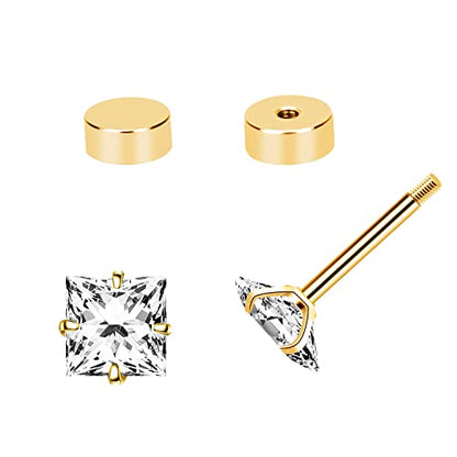 Princess Cut Clear Cubic Zirconia Stud Earrings for Women Men Square Earrings Studs Hypoallergenic Surgical Steel Helix Screw Back Earrings 18G 5 Pairs 3-7mm - color: Gold