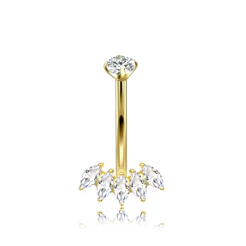 XUU Titanium Belly Button Rings 14G, Implant-Grade Navel Piercing, Luxury CZ Shape with Flower Butterfly, Hypoallergenic Curved Barbell Jewelry for Women, Gold or Silver - style: Crown-Gold