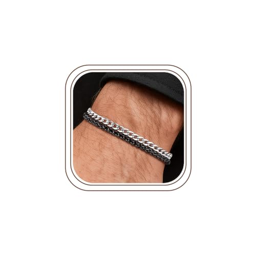 M MOOHAM Mens Bracelet, Black/Silver-Plated Chain Bracelets for Men | Stainless Steel Wheat Rope Figaro Cuban Link Chain Bracelet, Jewelry Gifts for Men, 7.3/8.5 Inch