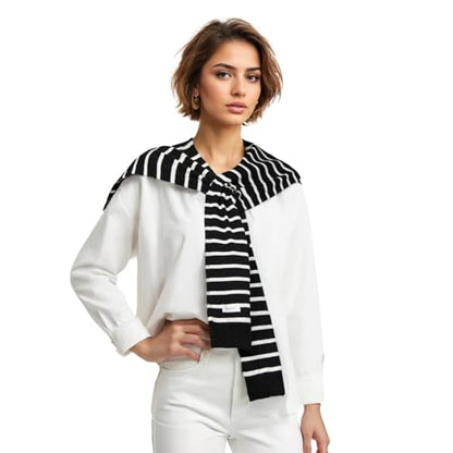 WaJuemy Women's Sweater Shawl Wraps Sleeves Knitted Collar Sweater Scarf Top Casual Lightweight Shoulder Cape Accessories - color: 16 Black White Stripe X