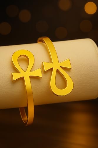 Gold Statement Cuff Bracelet Ankh Cross - Waterproof Stainless Steel Open Bangle Hypoallergenic Egyptian Key of Life Jewelry, Adjustable Protection Amulet for Women Men - color: Gold Statement Double Ankh