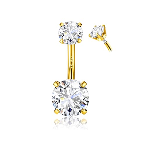 14G Surgical Steel G23 Titanium Sterling Silver 14K Gold Plated Belly Button Rings for Women Round Cubic Zirconia Navel Barbell Stud Hypoallergenic Body Piercing Jewelry - color: 14K Gold Plated, size: 8mm-Sleek-Thin