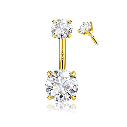 14G Surgical Steel G23 Titanium Sterling Silver 14K Gold Plated Belly Button Rings for Women Round Cubic Zirconia Navel Barbell Stud Hypoallergenic Body Piercing Jewelry - color: 14K Gold Plated, size: 8mm-Sleek-Thin