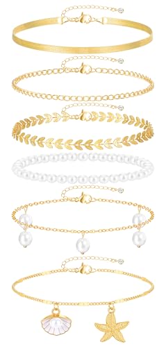 FAXHION Gold Anklets for Women Waterproof, Adjustable Boho Stacking Dangle Coin White Bead Cuban Link Chain Anklets Set, Summer Layered Beach Jewelry Gift for Women - color: Gold-pearl Shell