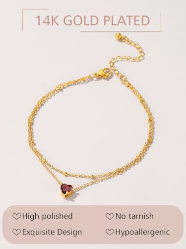 FindChic Bling Heart Birthstone Anklets Layered Beaded Ankle Bracelets for Women Gold/Black/Silver 12 Month Gem Colors Foot Chain Summer Jewelry for Girls, with Gift Box - color: Gold, style: 06. Jun.-Created Alexandrite(Prong Setting)